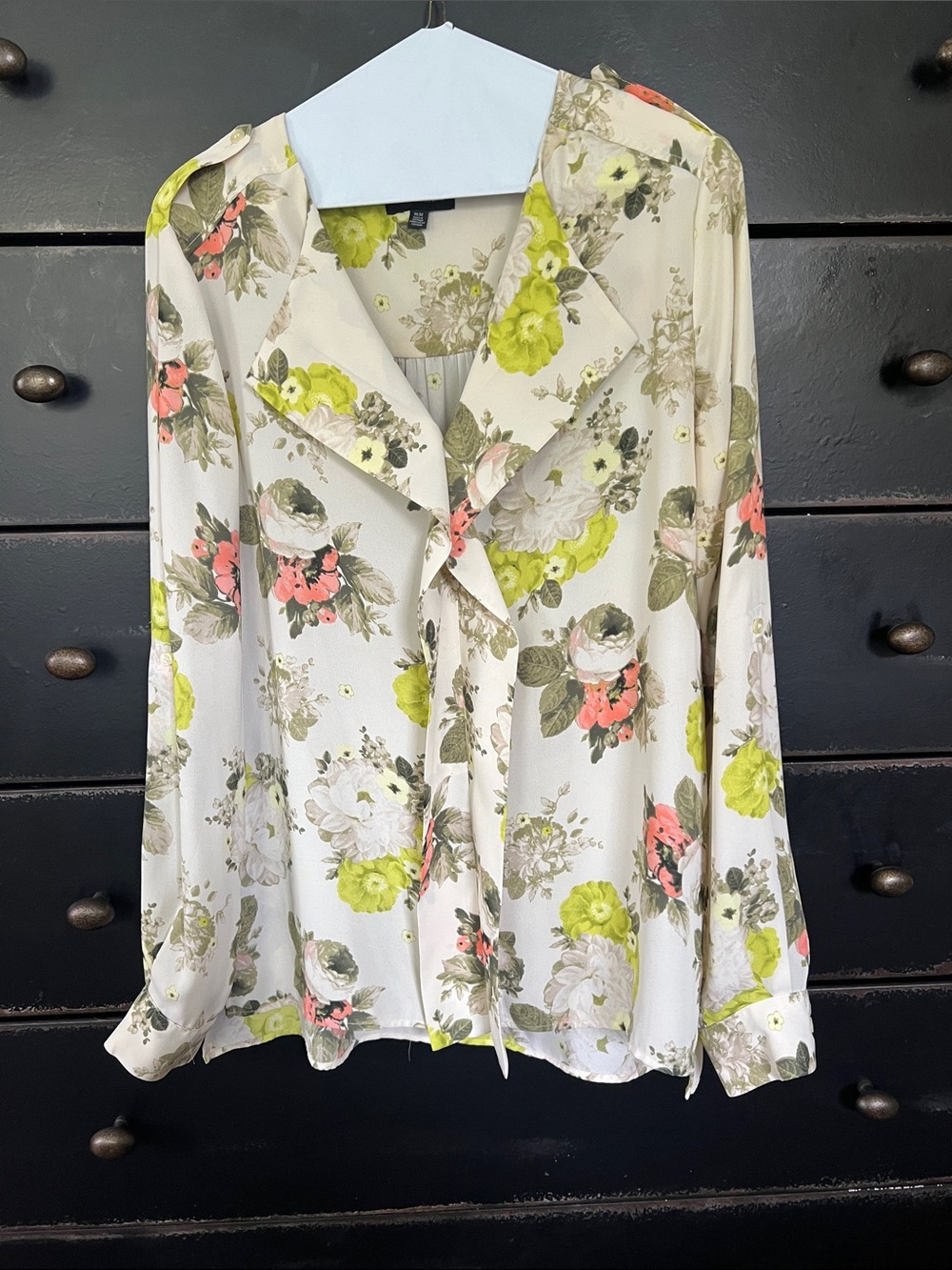 Lord & Taylor Cream Floral Blouse with Green and Coral Accents